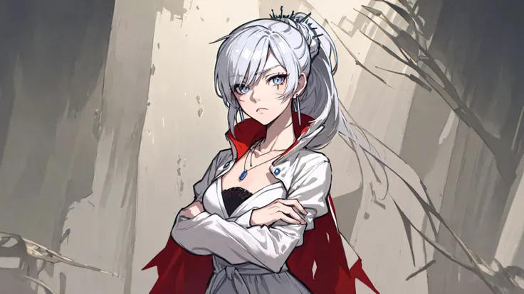 (masterpiece, best quality:1.2),<lora:rwby_weissschnee-12:1>,cowboy shot,solo,1girl,weissvale,expressionless,closed mouth,looking at viewer,crossed arms,ponytail,scar on eye,white dress,jewelry,necklace,earrings,