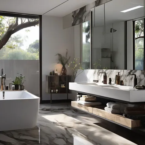 Home improvement renderings, Urban-style home, a bathroom with a large mirror and a sink and a tub with a large window in it, RAW image, Super Reality, Surprised Silent Wind, Tempered glass, stainless steel, cushion sofa is simple and stylish, marble floor, neutral tones, open space, natural light, simple and smooth lines, strong color contrast, Bright environment, contemporary design, Simple and atmospheric, modern urban style home, bathroom, <lora:Urban-style home XL1.0v1.1-000004:1>