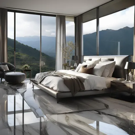 Home improvement renderings, Urban-style home, a bedroom with a large bed and a large window overlooking the mountains and valleys in the distance is shown, RAW image, Super Reality, Surprised Silent Wind, Tempered glass, stainless steel, cushion sofa is simple and stylish, marble floor, neutral tones, open space, natural light, simple and smooth lines, strong color contrast, Bright environment, contemporary design, Simple and atmospheric, bedroom, modern urban style home, <lora:Urban-style home XL1.0v1.1-000004:1>