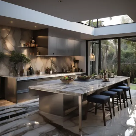 Home improvement renderings, Urban-style home, a kitchen with a large island and a skylight above it and a dining table with chairs and a bar, RAW image, Super Reality, Surprised Silent Wind, Tempered glass, stainless steel, cushion sofa is simple and stylish, marble floor, neutral tones, open space, natural light, simple and smooth lines, strong color contrast, Bright environment, contemporary design, Simple and atmospheric, kitchen, modern urban style home, <lora:Urban-style home XL1.0v1.1-000004:1>