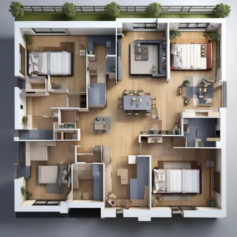 Aerial view of the house, Urban-style, a three bedroom apartment with a kitchen and living room in it's center floor plan, RAW image, with a dining room and bedroom area, Super Reality, Surprised Silent Wind, Bright environment, contemporary design, Simple and atmospheric, The floor plan includes a living room, bedroom, kitchen, bathroom, study, modern urban style home, <lora:Urban-style home XL1.0v1.1-000004:1>