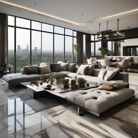 Home improvement renderings, Urban-style home, a living room with a large couch and a table in it with a view of the city outside the window, RAW image, Super Reality, Surprised Silent Wind, Tempered glass, stainless steel, cushion sofa is simple and stylish, marble floor, neutral tones, open space, natural light, simple and smooth lines, strong color contrast, Bright environment, contemporary design, Simple and atmospheric, modern urban style home, <lora:Urban-style home XL1.0v1.1-000004:1>