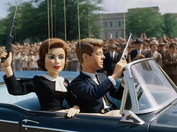 JOHN F. KENNEDY'S ASSASSINATION sitting in open car with his wife holding a rifle, cheering crowd, wooden marionette,( strings:1.2), outside daytime <lora:marionette_lora_v2:0.7>