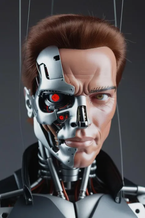 portrait, marionette, terminator, one eye cyborg and skin face, arnold schwarzenegger, metal plates, <lora:marionette_lora_v2:0.8>