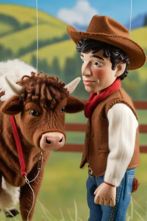 marionette, portrait of cowboy next to a woolly cow on a pasture, <lora:marionette_lora_v2:0.9>
