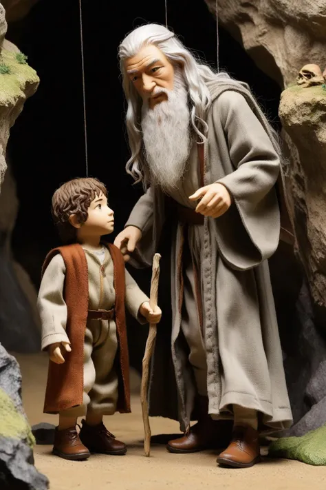 middle earth, gandalf standing with frodo hobbit in a cave, marionette,<lora:marionette_lora_v2:1.0>