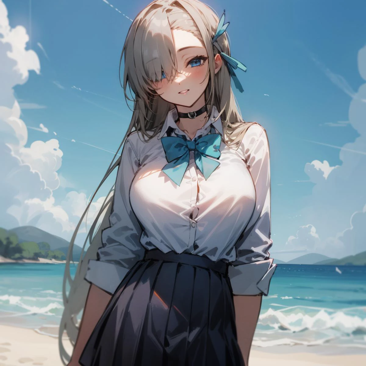 girl <lora:AsunaBA:1> 1girl, asuna, blue eyes, long hair, hair over one eye, large breasts,school uniform, white shirt, sleeves rolled up, black choker, black skirt, blue bowtie, sunny beach, water, blue sky, clouds