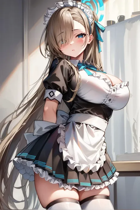 (highres), (absurdres), (best quality), (high quality), (masterpiece), 1girl, asuna, blue eyes, long hair, halo, hair over one eye, very long hair, light brown hair, (large breasts), hair ribbon, maid, maid headdress, apron, frills, frilled apron, puffy sleeves, short sleeves, white gloves, white thighhighs, arms behind back, looking at viewer,  <lora:AsunaBA:1>