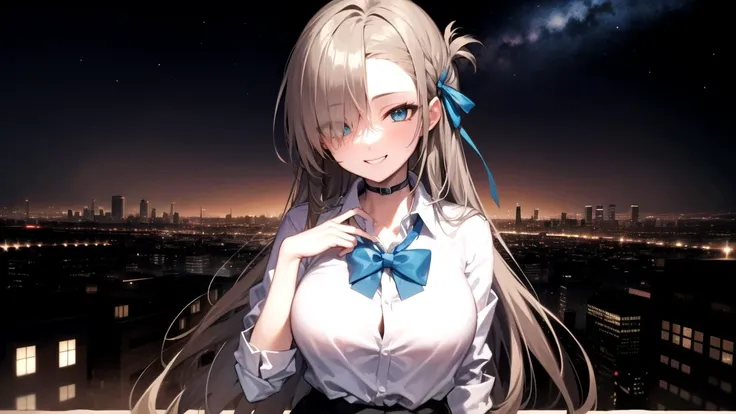 (solo:1.2), beautiful, (masterpiece:1.2), (best quality:1.2), epic, (full shot:1.1), detailed, outdoors, city, rooftop, skyline, night, starry sky, wallpaper, cinematic, cinematic lighting, perfect eyes, perfect face, prefect skin, shiny skin, perfect lighting, 1girl, (hands behind back:1.2),smile, school uniform, white shirt, sleeves rolled up, black choker, black skirt, blue bowtie, <lora:ichinoseAsunaBlue_v10:1> asuna, blue eyes, long hair, hair over one eye, very long hair, light brown hair, large breasts, mole, mole on breast, hair ribbon,