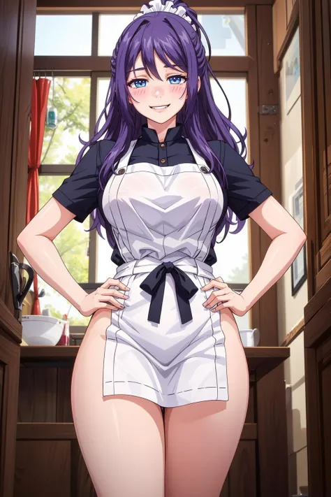 masterpiece, best quality, highly quality , mature woman , <lora:Rei_Suzukawa1:0.7> , ReiSzkw-KJ, nude , naked , hair scrunchie , (white apron:1.2) , looking at viewer, thick thighs , hand on hips ,