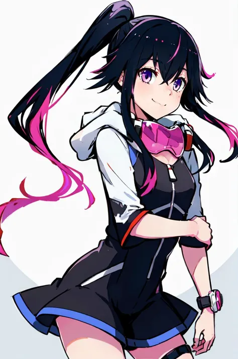 ultra detailed, masterpiece, best quality, solo, soft smile, light smile,
<lora:Shiki:0.75> shiki, purple eyes, long hair, black hair, multicolored hair, pink hair, ponytail, side ponytail, hair between eyes, sidelocks, dress, short dress, black dress, hood, thigh strap,