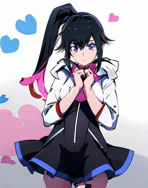 (masterpiece:1.1), (best quality:1.1), 1girl, Real light and shadow, anime face, 4k, 8k, wallpaper,epic, detail texture, ((1girl)), solo, cowboy shot, <lora:Shiki:1> shiki, purple eyes, long hair, black hair, multicolored hair, pink hair, ponytail, side ponytail, hair between eyes, sidelocks, dress, short dress, black dress, hood, thigh strap, <lora:heart-hands:1> heart hands, own hands together
