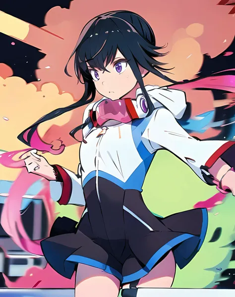 (masterpiece:1.1), (best quality:1.1), 1girl, Real light and shadow, anime face, 4k, 8k, wallpaper,epic, detail texture, ((1girl)), solo, cowboy shot, <lora:Shiki:1> shiki, purple eyes, long hair, black hair, multicolored hair, pink hair, ponytail, side ponytail, hair between eyes, sidelocks, dress, short dress, black dress, hood, thigh strap