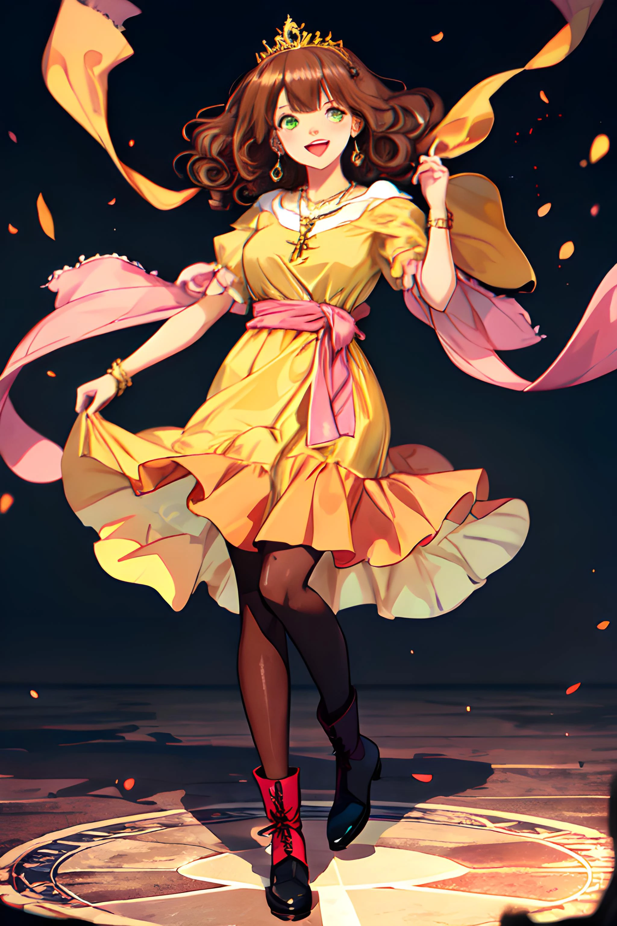 a young girl with light brown hair and green eyes. She is wearing a yellow dress with a pink sash and black boots. She is also wearing a gold necklace and a tiara. She is smiling at the viewer. The camera angle is from the waist up, and the girl is in the center of the frame. The girl is happy and excited, and she is looking forward to something, depth of field, cinematic compositions, best lighting,1girl, solo, jewelry, brown hair, curly hair, necklace, smile, dress, earrings, red pantyhose, pantyhose, open mouth, tiara, cross, full body