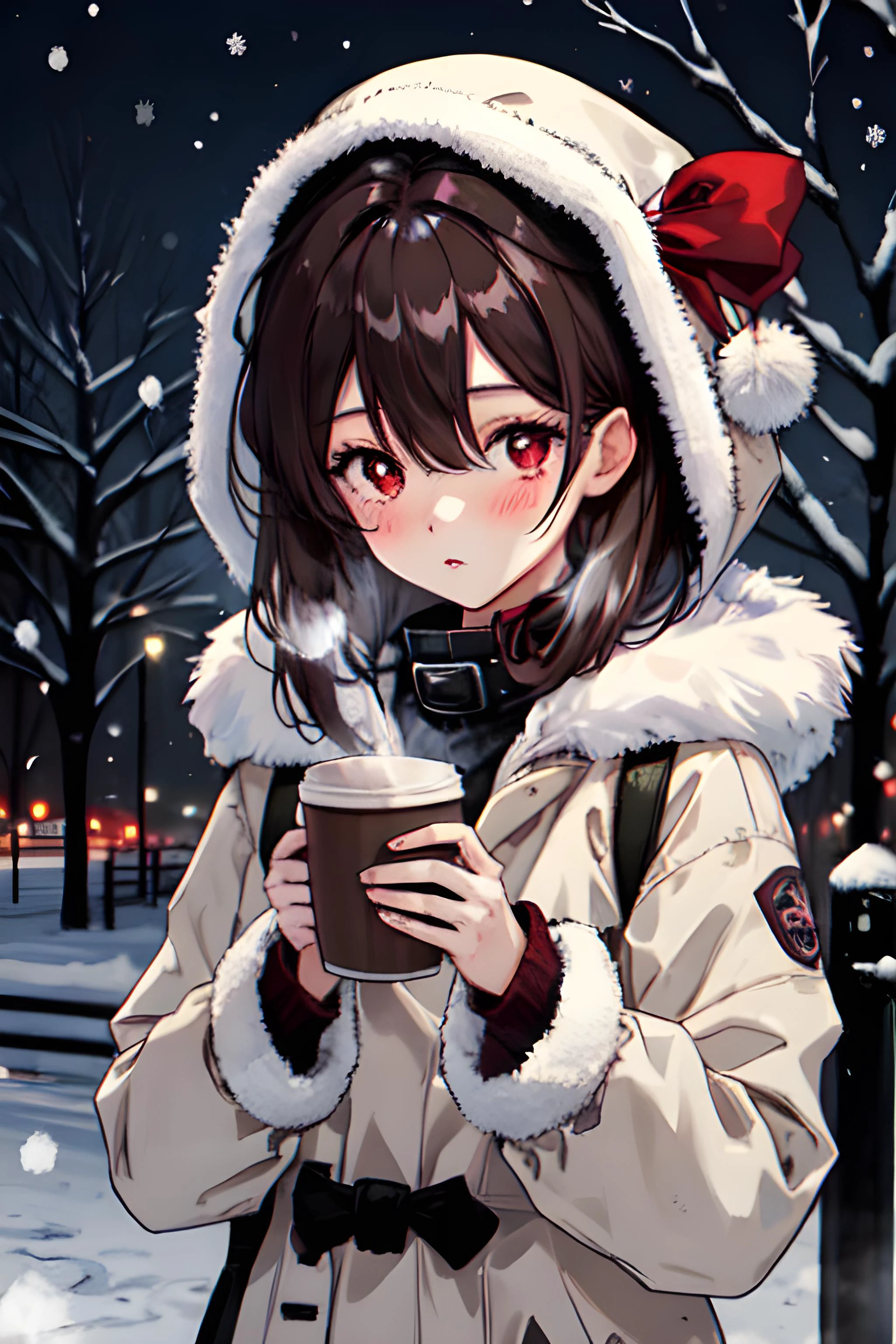 1girl,red eyes, disposable cup, looking at viewer, holding cup, outdoors, snow, long sleeves, bangs, coffee cup, tree, closed mouth, bare tree, hair between eyes, bag, winter, black ribbon, snowing, brown hair, coat,upper body, sidelocks, blush, fur collar,steam,night,movie scene,cinema lighting