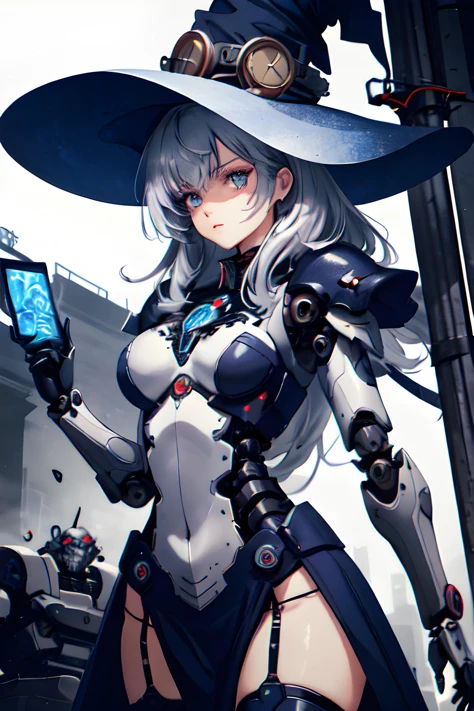 Cowboy Shot,(Masterpiece, best quality:1.2),professional work,extremely detailed,high quality,16K,highres,ultra details,finely detail,an extremely delicate and beautiful,extremely detailed,vibrant color,dominating,biochemical cybernetic ung witch,steampunk clockwork witch hat,cybernetic style witch dress,stray hair,magical aura,dynamic pose,(fractal art:1.5, zentangle:1.1),(epic composition, epic proportion),(gears background),mechanical parts,robot joints,headgear,full armor,mechanical parts,robot joints,headgear,full armor,mecha musume
