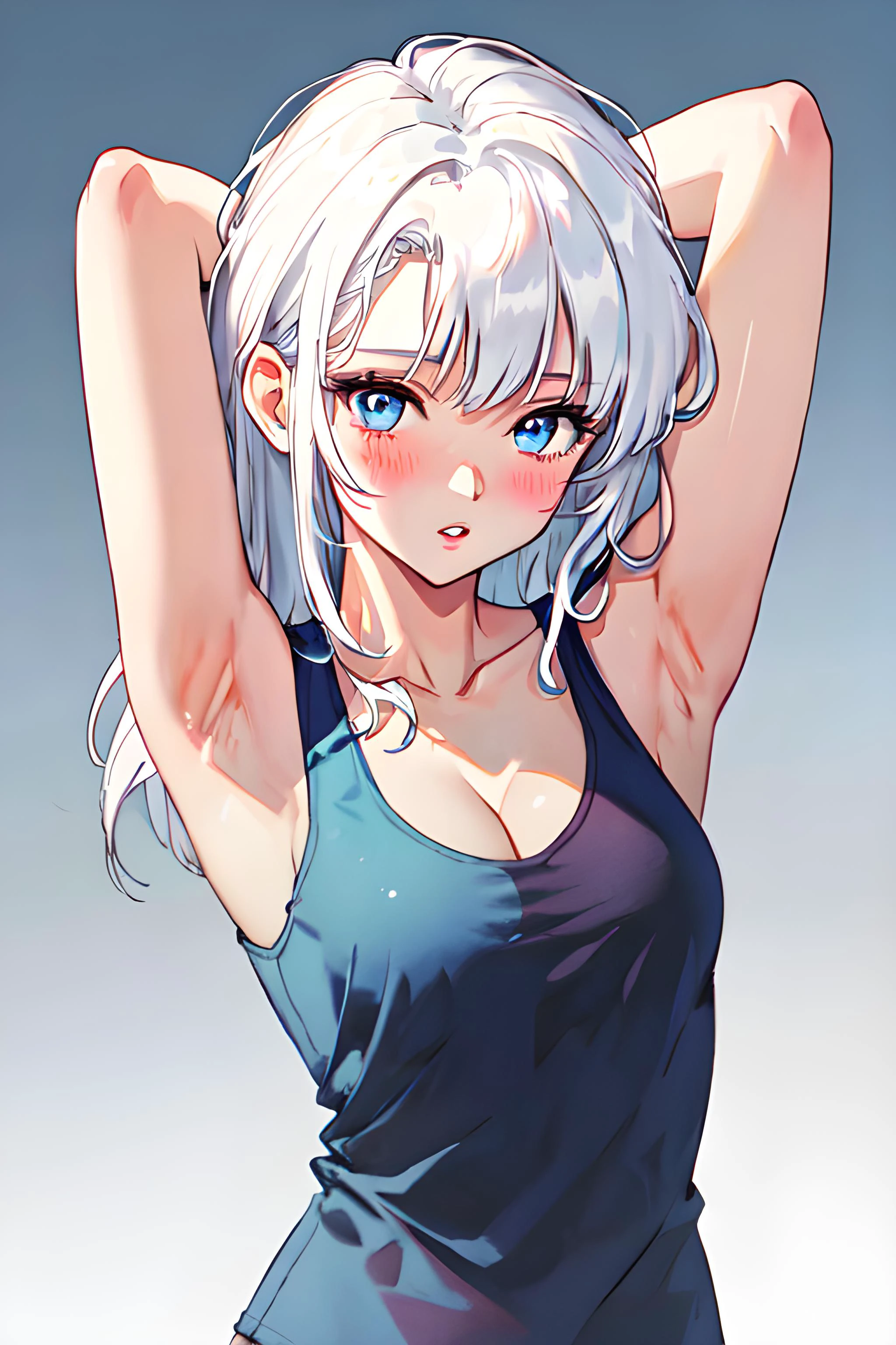 1girl, (((armpit_hair))), armpits, arms_behind_head, arms_up, bangs, white_hair, blush, breasts, cleavage, collarbone, gradient, gradient_background, light blue_eyes, long_hair, looking_at_viewer, medium_breasts, parted_lips, sleeveless, solo, tank_top, upper_body