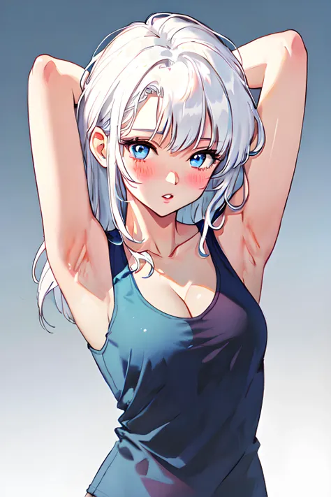 1girl, (((armpit_hair))), armpits, arms_behind_head, arms_up, bangs, white_hair, blush, breasts, cleavage, collarbone, gradient, gradient_background, light blue_eyes, long_hair, looking_at_viewer, medium_breasts, parted_lips, sleeveless, solo, tank_top, upper_body