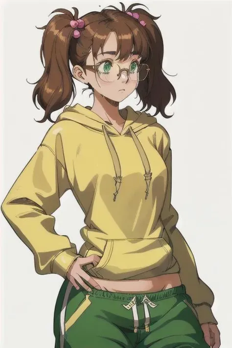 Lola Youngs(cute, innocent, nerdy teen girl, glasses, extremely detailed brown-green eyes, brown pigtails, petite body, medium bust, medium hips) wearing(Long Oversized hoodie, sweat pants) Looking away from the camera, shy