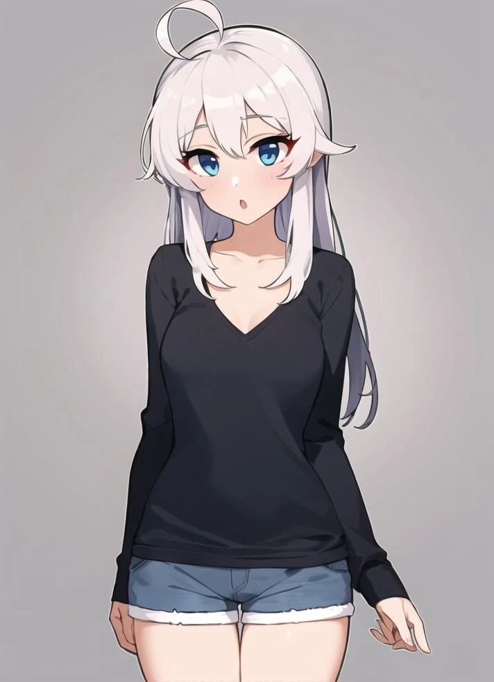 1girl, loose long sleeve shirt, v neck, jean shorts, bored, neutral_expression, from_front, straight-on, looking_at_viewer, shiny_skin, skindentation, hips, arms_behind_back, ahoge, standing, straight-on, cashmere sweater, arms_behind_back, long hair,
silver_hair, solo, simple_background, :o,
<lora:homebrew_omaru_gyuunyuu:0.8>