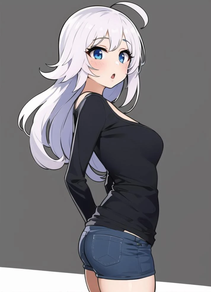 1girl, loose long sleeve shirt, v neck, jean shorts, bored, neutral_expression, from_front, straight-on, looking_at_viewer, shiny_skin, skindentation, hips, arms_behind_back, ahoge, standing, straight-on, cashmere sweater, arms_behind_back, long hair, 
silver_hair, solo, simple_background, :o, 
<lora:homebrew_omaru_gyuunyuu:0.8>