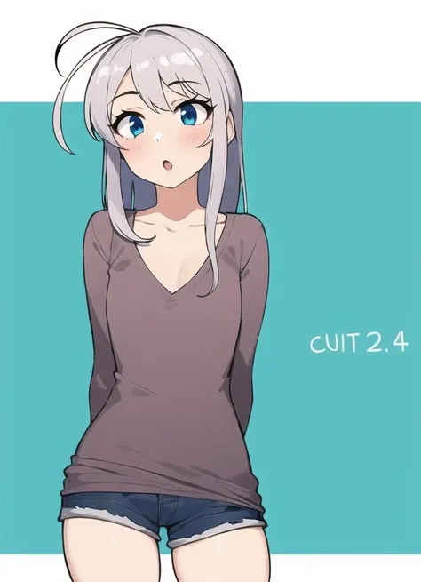 1girl, loose long sleeve shirt, v neck, jean shorts, bored, neutral_expression, from_front, straight-on, looking_at_viewer, shiny_skin, skindentation, hips, arms_behind_back, ahoge, standing, straight-on, cashmere sweater, arms_behind_back, long hair,
silver_hair, solo, simple_background, :o,
<lora:homebrew_omaru_gyuunyuu:0.8>