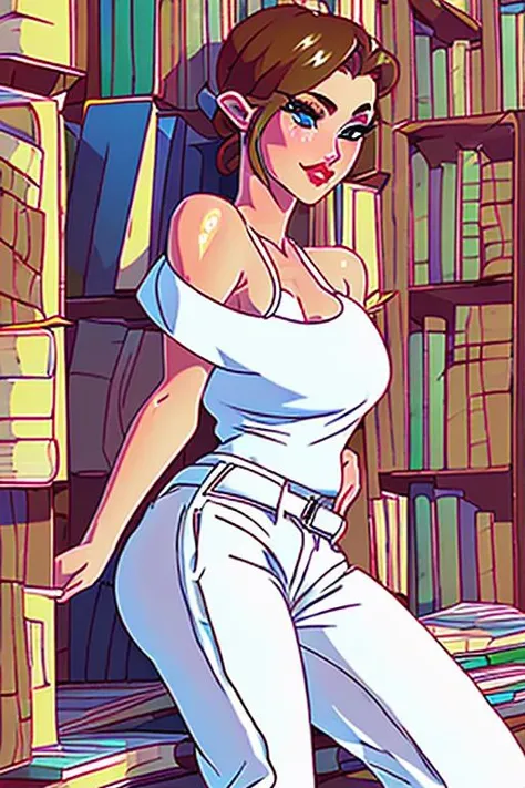 girl, (eyes, eyeshadow, detailed eyes), (hotify,digital art,fit,hot body,instagram:1.2),(drawing:1.4), (Bright,Bookshop Background:1.4),Musclegut,Tiny Breasts,(Leaning back against a wall),Medium Hair,Fringe,(white Cold Shoulder Top,blue Stirrup Pants:1.3),Zelda,Burkini ,(masterpiece,detailed,highres:1.4) <lora:kajinkujiArtStyle_v1:1>