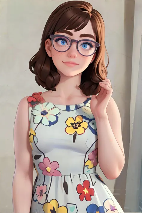 <lora:floralweddingdress-freckledvixon:0.6>, fl0ralw3d, short floral print dress, <lora:bzl:0.8>, bzl_test, brown hair, (grey|blue) eyes, glasses, (freckles:0.3), closed smile, <clip:skip:2> || skin, hair, clothing, masterpiece, 8k, high resolution, shallow depth of field, sharp focus