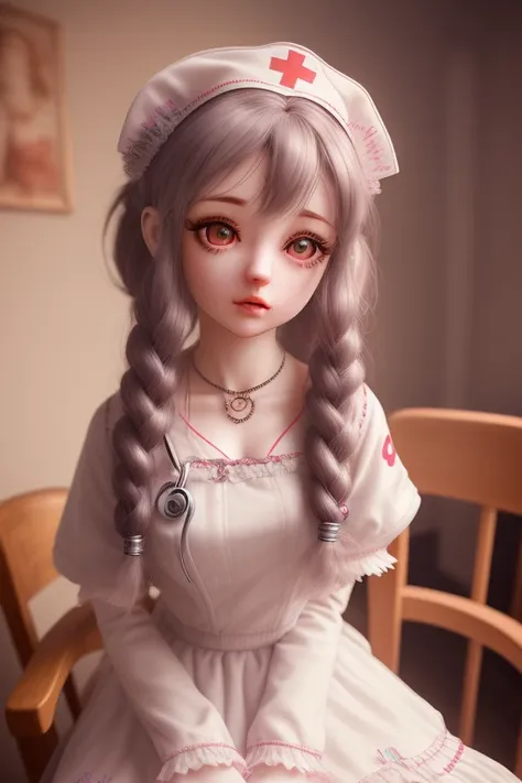 bjddoll, women, nurse, surprised, on chair, old house, gorgeous, jewelry, fluffy dress, cupe of tee, beautiful, long hairs, detailed, photography, realistic, smooth light, 4k, 8k, masterpiece, <lora:Bjd Dolls v1:1>