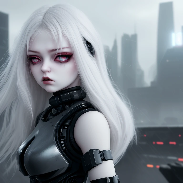 angry woman bjddoll, pale skin, soldier, shiny multicolor mesmerizing eyes, long wavy disheveled hairs, weapon, badass, dust, scifi, cyberpunk, futuristic, technology, apocalyptic city in background, storm, sparks, 4k, vibrant details, 4k, 8k, creative, expertly crafted, artstation, compositing, action, smooth light, war, masterpiece, sharp focus, <lora:Bjd Dolls v1:1>