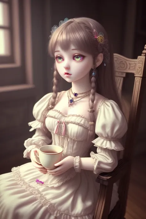 bjddoll, women, detailed, (stting on old chair), looking side, surprised, open mouth, old house, multicolor eyes, gorgeous, jewelry, fluffy dress, (cup of tee), beautiful, long hairs, realistic, smooth light, 4k, 8k, masterpiece, <lora:Bjd Dolls v1:0.6>