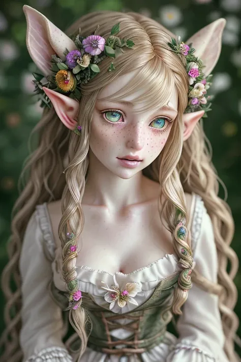 detailed and realistic portrait of a gorgeous beautiful elf bjddoll (woman) maid with a few freckles, long wavy blond disheveled hairs, multicolor mesmerizing eyes, dark fluffy dress, soft natural lighting, portrait photography, magical photography, dramatic lighting, photo realism, ultra-detailed, intimate portrait composition, flowers in background, Leica 50mm, f1. 4, <lora:Bjd Dolls v1:1>