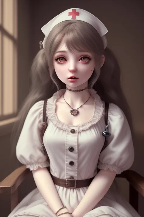 bjddoll, women, nurse, surprised, on chair, old house, gorgeous, jewelry, fluffy dress, cupe of tee, beautiful, long hairs, detailed, photography, realistic, smooth light, 4k, 8k, masterpiece, <lora:Bjd Dolls v1:1>