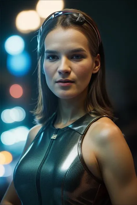 k4t4rin4witt, full body, brown hair, brown eyes, female superhero outfit with glowing LED piping, outdoor, night, futuristic city, atmospheric, upper body, <lora:Katarina_Witt_PMv1b_Lora:1.3>,, RAW candid cinema, 16mm, color graded portra 400 film, remarkable color, ultra realistic, textured skin, remarkable detailed pupils, realistic dull skin noise, visible skin detail, skin fuzz, dry skin, shot with cinematic camera