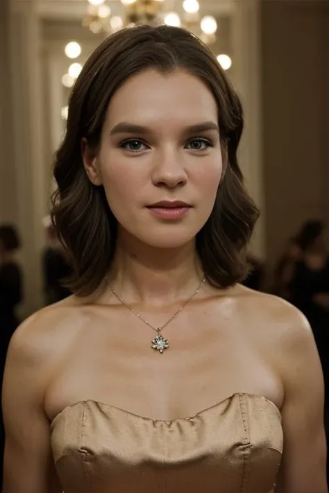 k4t4rin4witt, brown hair, brown eyes, wearing strapless evening gown, necklace, earrings, (high fashion:1.1), indoors, museum, <lora:Katarina_Witt_PMv1_Lora:1.3>,, RAW candid cinema, 16mm, color graded portra 400 film, remarkable color, ultra realistic, textured skin, remarkable detailed pupils, realistic dull skin noise, visible skin detail, skin fuzz, dry skin, shot with cinematic camera, detailed skin texture, (blush:0.5), (goosebumps:0.5), subsurface scattering, ((Full-Body Shot))