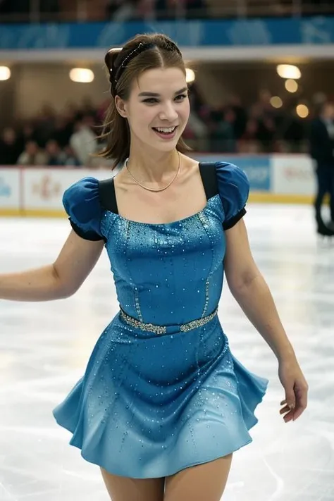 a picture of (k4t4rin4witt) as a woman ice skating, sapphire earrings, smile, (brown hair tied up), shimmering brown eyes, (waist chain), ((ice skating rink)), ((posing on the ice)), ((crowd in the background)), in motion, (skating done the ice), (detailed pupils:1.3), (elegant blue dress:1.4), (high fashion:1.1), <lora:Katarina_Witt_PMv1_Lora:1.3>,, RAW candid cinema, 16mm, color graded portra 400 film, remarkable color, ultra realistic, textured skin, remarkable detailed pupils, realistic dull skin noise, visible skin detail, skin fuzz, dry skin, shot with cinematic camera, detailed skin texture, (blush:0.5), (goosebumps:0.5), subsurface scattering, ((Action Photography))