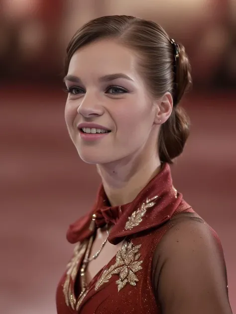 (RAW, analogue, Nikon Z 14mm ultra-wide angle lens, award-winning glamour photograph, ((best quality)), ((masterpiece)), ((realistic)), skin pores, subsurface scattering, radiant light rays, high-res, detailed facial features, high detail, sharp focus, smooth, aesthetic, extremely detailed, (extremely detailed eyes, extremely detailed iris), extremely detailed hair, extremely detailed skin, extremely detailed clothes, octane render, photorealistic, realistic, post-processing, max detail, realistic shadows, roughness, natural skin texture, real life, ultra-realistic, photorealism, photography, 8k UHD, photography, hdr, intricate, elegant, highly detailed, sharp focus, stunning, beautiful, gorgeous), (photorealistic), (realistic), a picture of (k4t4rin4witt) as a woman ice skating, sapphire earrings, (brown hair tied up), shimmering brown eyes, detailed eyes, intricate face, high contrast, (open mouth, smile), (waist chain), ((ice skating rink)), ((posing on the ice)), ((crowd in the background)), (looking to the right), (detailed pupils:1.3), (elegant red dress:1.4), <lora:Katarina_Witt_PMv1b_Lora:1.3>,