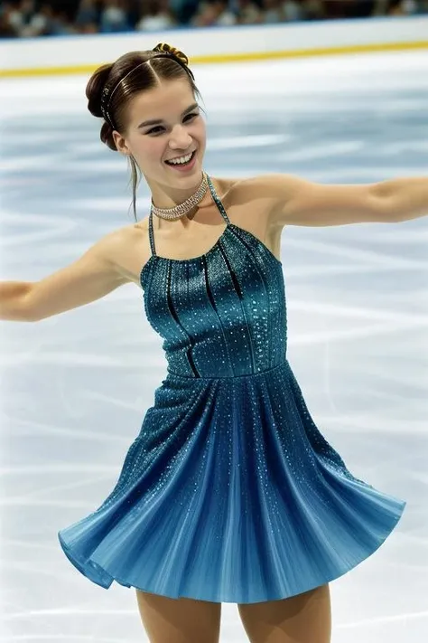 a picture of (k4t4rin4witt) as a woman ice skating, sapphire earrings, smile, (brown hair tied up), shimmering brown eyes, (waist chain), ((ice skating rink)), ((posing on the ice)), ((crowd in the background)), in motion, (skating done the ice), (detailed pupils:1.3), (elegant blue dress:1.4), (high fashion:1.1), <lora:Katarina_Witt_PMv1_Lora:1.3>,, RAW candid cinema, 16mm, color graded portra 400 film, remarkable color, ultra realistic, textured skin, remarkable detailed pupils, realistic dull skin noise, visible skin detail, skin fuzz, dry skin, shot with cinematic camera, detailed skin texture, (blush:0.5), (goosebumps:0.5), subsurface scattering, ((Full-Body Shot))