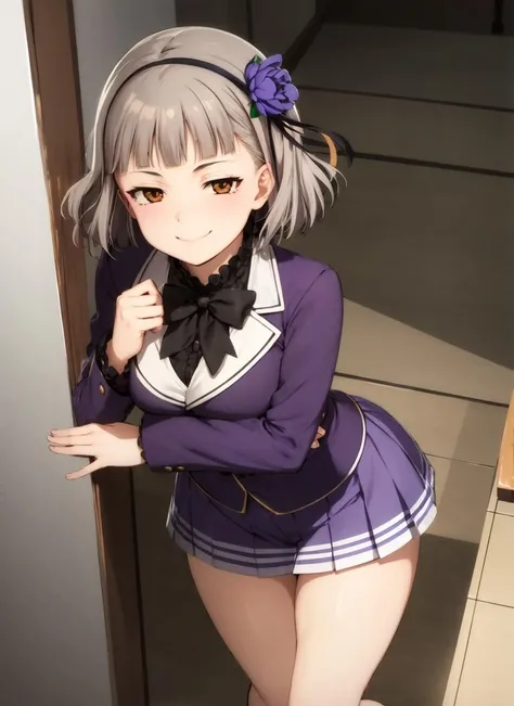 masterpiece, best quality, ultra-detailed, illustration, 1girl, solo <lora:kurobane_sakuya-v12:1>, sakuyaunif, kurobane_sakuya, short hair, grey hair, black hairband, hair flower, brown eyes, red eyeliner, purple blazer, long sleeves, black bowtie, black shirt, frills, pleated skirt, pink skirt, (smug), evil smile, full body, loafers, black socks, looking at viewer, thick thighs, thighs, legs, outdoors, blue sky, <lora:alp-style-v13:0.9>