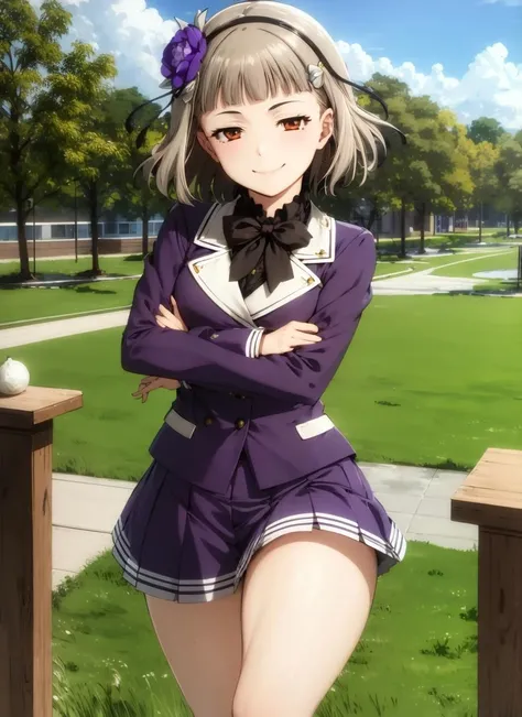 masterpiece, best quality, ultra-detailed, illustration, 1girl, solo <lora:kurobane_sakuya-v12:1>, sakuyaunif, kurobane_sakuya, short hair, grey hair, black hairband, hair flower, brown eyes, red eyeliner, purple blazer, long sleeves, black bowtie, black shirt, frills, pleated skirt, pink skirt, (smug), evil smile, full body, loafers, black socks, looking at viewer, thick thighs, thighs, legs, outdoors, blue sky, <lora:alp-style-v13:0.9>