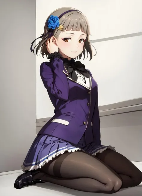 masterpiece, best quality, ultra-detailed, illustration, 1girl, solo <lora:kurobane_sakuya-v12:1>, sakuyaunif, kurobane_sakuya, short hair, grey hair, black hairband, hair flower, brown eyes, red eyeliner, purple blazer, long sleeves, black bowtie, black shirt, frills, pleated skirt, pink skirt, (smug), evil smile, full body, loafers, black socks, looking at viewer, legs, outdoors, blue sky
