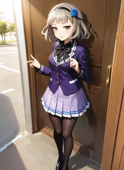 masterpiece, best quality, ultra-detailed, illustration, <lora:kurobane_sakuya-v23:0.95> , 1girl, solo, sakuyaunif, kurobane_sakuya, short hair, grey hair, brown eyes, black hairband, blue hair flower, red eyeliner, purple blazer, long sleeves, black bowtie, black shirt, frills, pink skirt, black pantyhose, loafers, black footwear, full body, standing, outdoors