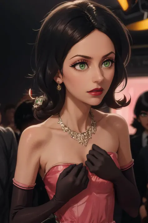 best quality, 1girl, scoverkill, (green eyes:1.2), (black hair:1.2), pinkdress, pink (elbow gloves:1.2), hand on own chest, jewelry, necklace, diamonds, lips, red lipstick, (eyeliner:1.3) dramatic shadows, dark background, black background, looking away, <lora:Degen-pinkdress:.6>, <lora:scoverkill-nvwls-v1:.7>
