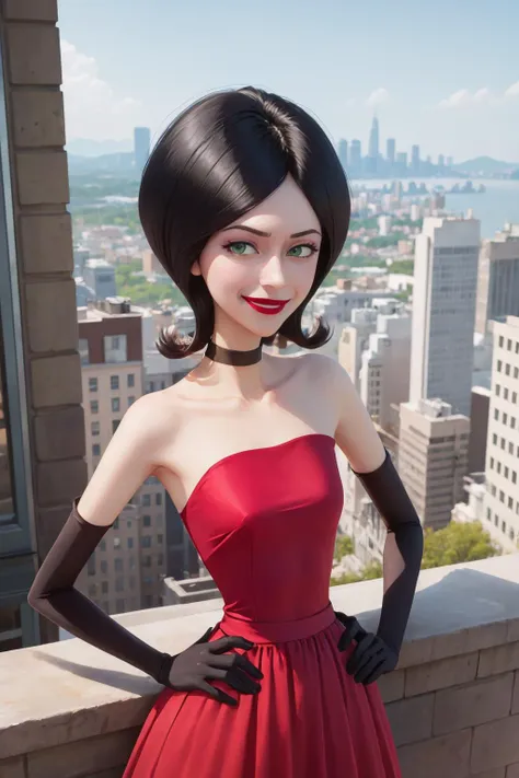 masterpiece, best quality, <lora:scoverkill-nvwls-v1:1> scoverkill, green eyes, choker, red dress, red skirt, strapless, elbow gloves, lipstick, looking at viewer, hands at hips, furrowed brow, smile, cityscape, upper body, holding rose