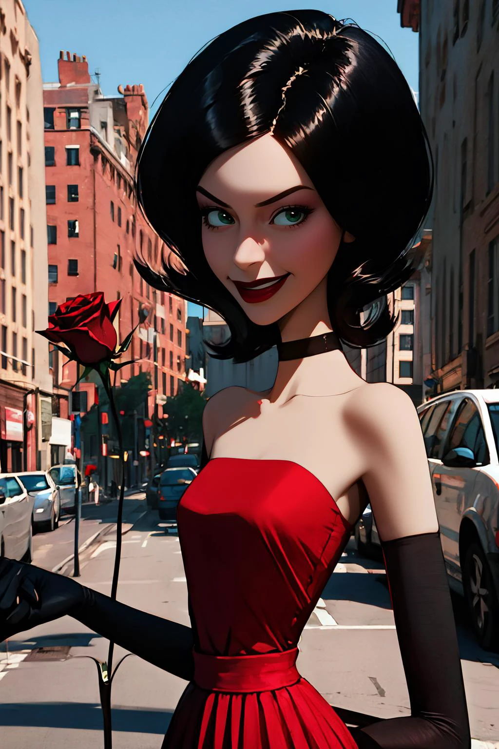 masterpiece, best quality, <lora:scoverkill-nvwls-v1:1> scoverkill, green eyes, choker, red dress, red skirt, strapless, elbow gloves, lipstick, looking at viewer, hands at hips, furrowed brow, smile, cityscape, upper body, holding rose