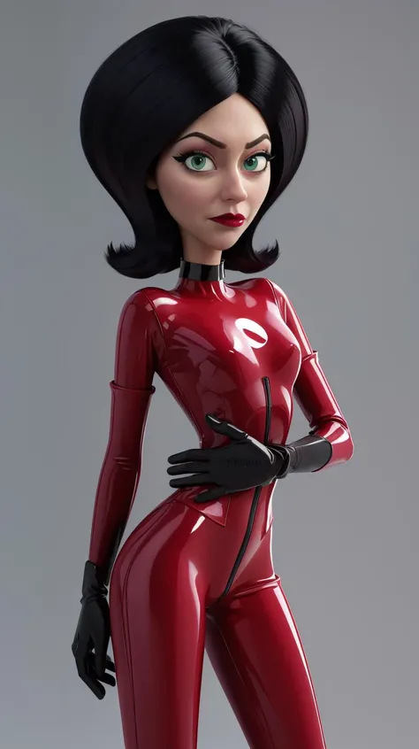 masterpiece, best quality, <lora:scoverkill-nvwls-v1:0.8> scoverkill, green eyes, choker, red latex bodysuit, elbow gloves, lipstick, looking at viewer, 3d, looking at viewer, cowboy shot, grey background, <lora:P4p4N1nj4:0.6>