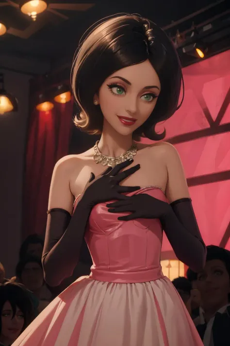 best quality, 1girl, scoverkill, (green eyes:1.2), (black hair:1.2), pinkdress, pink (elbow gloves:1.2), hand on own chest, jewelry, necklace, diamonds, lips, red lipstick, smile, (eyeliner:1.3) dramatic shadows, dark background, black background, looking away, cowboy shot, striped panties, <lora:Degen-pinkdress:.6>, <lora:scoverkill-nvwls-v1:.7>