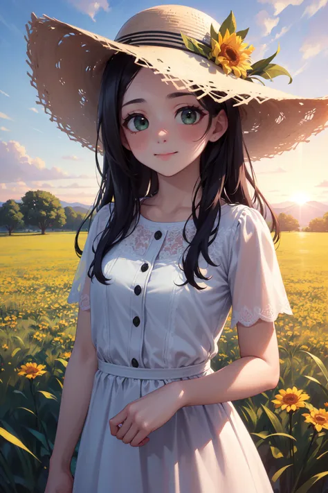 (Masterpiece, Best Quality, Highres:1.4), Detailed, Intricate Details, 4K,
1girl, solo,
standing,
black hair, long hair, straight hair, green eyes, thick eyelashes, long eyelashes, smile, closed mouth, blush, (tareme:1.2),
medium breasts,
white sundress, sun hat,
portrait,
grass field, field, flower, sunset,
 <lora:tareme:1>