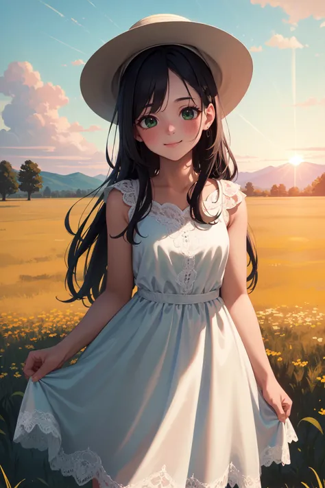 (Masterpiece, Best Quality, Highres:1.4), Detailed, Intricate Details, 4K,
1girl, solo,
standing,
black hair, long hair, straight hair, green eyes, thick eyelashes, long eyelashes, smile, closed mouth, blush, (tareme:1.2),
medium breasts,
white sundress, sun hat,
portrait,
grass field, field, flower, sunset,
<lora:tareme:1>
