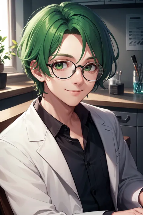 (masterpiece, best quality:1.2), extremely detailed, ambient soft lighting, 4K, quality, wlsdnjs950,
1boy, (mature, mature male, adult:1.4), solo, upper body, face focus,
green hair,
green eyes, (tareme:1.2), long eyelashes, thick eyelashes, looking at viewer, glasses,
smile,
lab coat,
indoors, laboratory,
<lora:tareme:1.2>